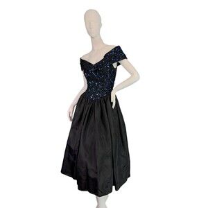 Jessica McClintock Gunne Sax Black Satin & Blue Sequin Midi Party Dress Size 7/8